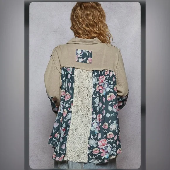 POL grey gauze crochet lace stitched flower floral cotton button jacket coat - Picture 5 of 7